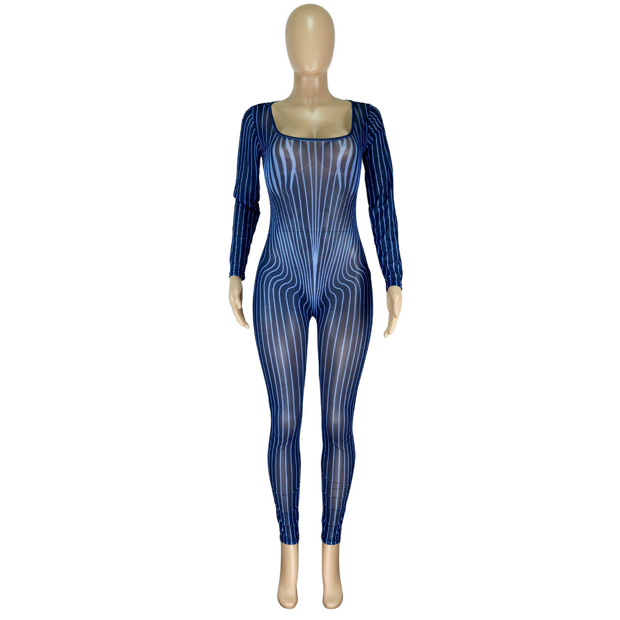 Women Clothing Square Collar Positioning Printing Nightclub Sheer Mesh Sexy Jumpsuit