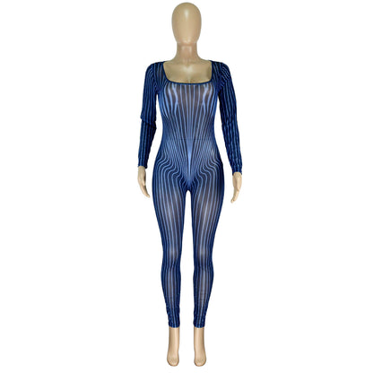 Women Clothing Square Collar Positioning Printing Nightclub Sheer Mesh Sexy Jumpsuit