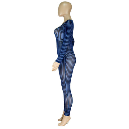 Women Clothing Square Collar Positioning Printing Nightclub Sheer Mesh Sexy Jumpsuit