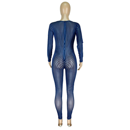 Women Clothing Square Collar Positioning Printing Nightclub Sheer Mesh Sexy Jumpsuit