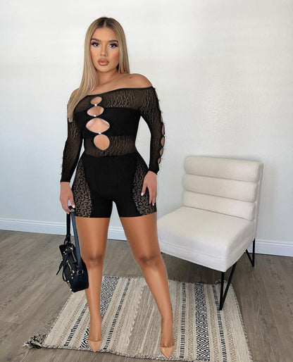 Spring Summer Thread Mesh Pearl Buckle off-Shoulder Sexy Siamese Shorts