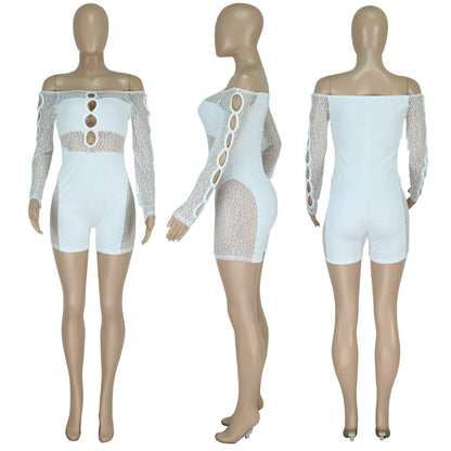Spring Summer Thread Mesh Pearl Buckle off-Shoulder Sexy Siamese Shorts