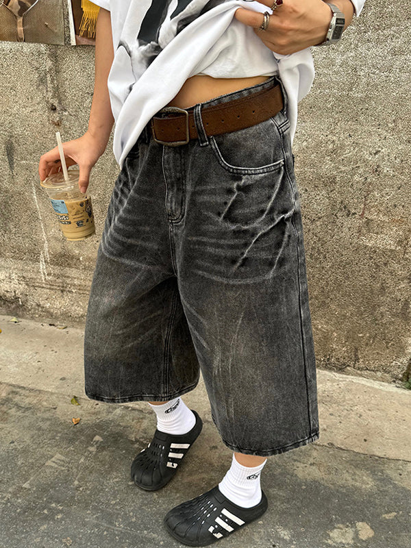 Vintage Washed Lightning Bolt Pattern Denim Shorts