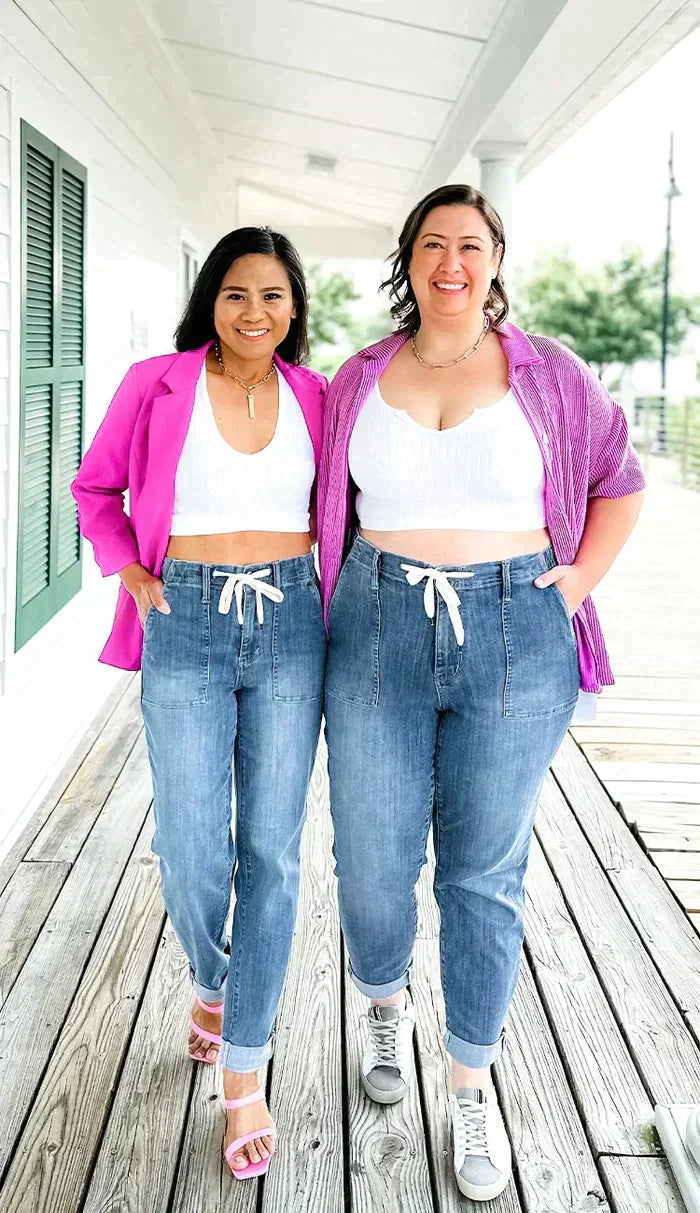 Pantalones deportivos vaqueros elásticos de cintura alta con cordón para mujer | Ideales para cualquier temporada