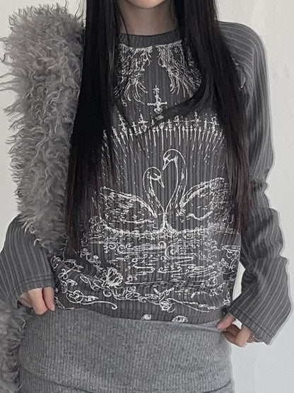 Rib Raglan Retro Swan Print Crew Neck Long Sleeve T-shirt