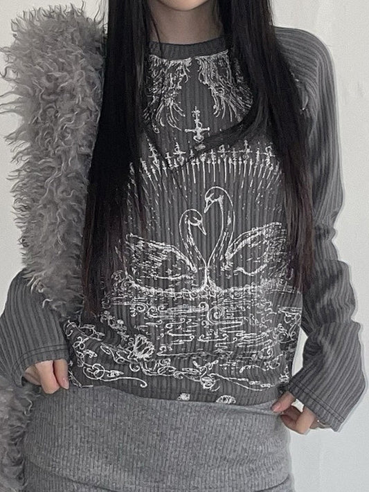 Rib Raglan Retro Swan Print Crew Neck Long Sleeve T-shirt