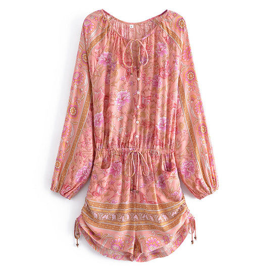 Summer Positioning Printing Vacation Elastic Waist Drawstring Pleated Jumpsuit Women