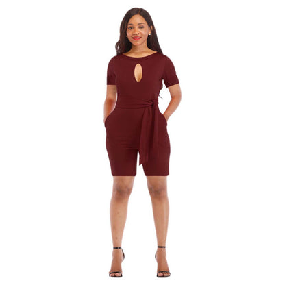 Classic Solid Color Round Neck Hollow Out Cutout Out Short Sleeved Jumpsuit