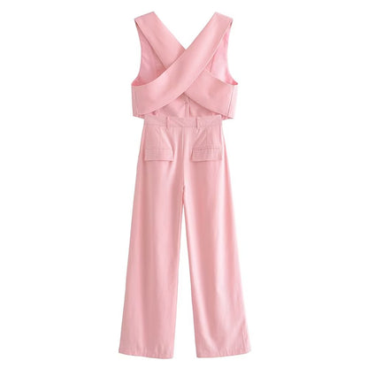 Women Clothing French All Match Decorated Row Button Vest Top Wide Leg Pants Suit Crisscross