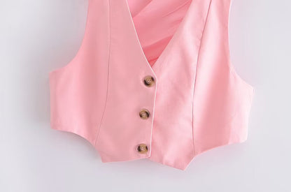 Women Clothing French All Match Decorated Row Button Vest Top Wide Leg Pants Suit Crisscross