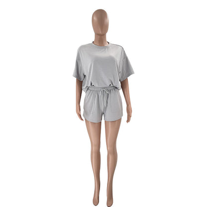 Solid Color round Neck Half Sleeve Pullover Top Women Clothing Casual Shorts Suit Summer