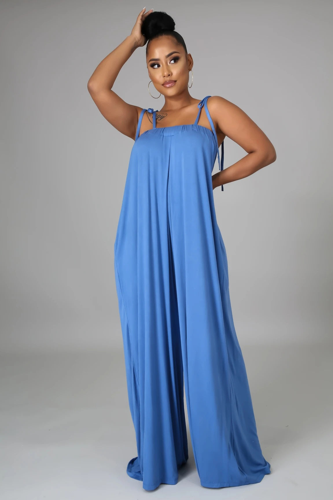 Solid Color Summer Sleeveless Waist Wrapped Chest Loose Wide Leg Women Jumpsuit