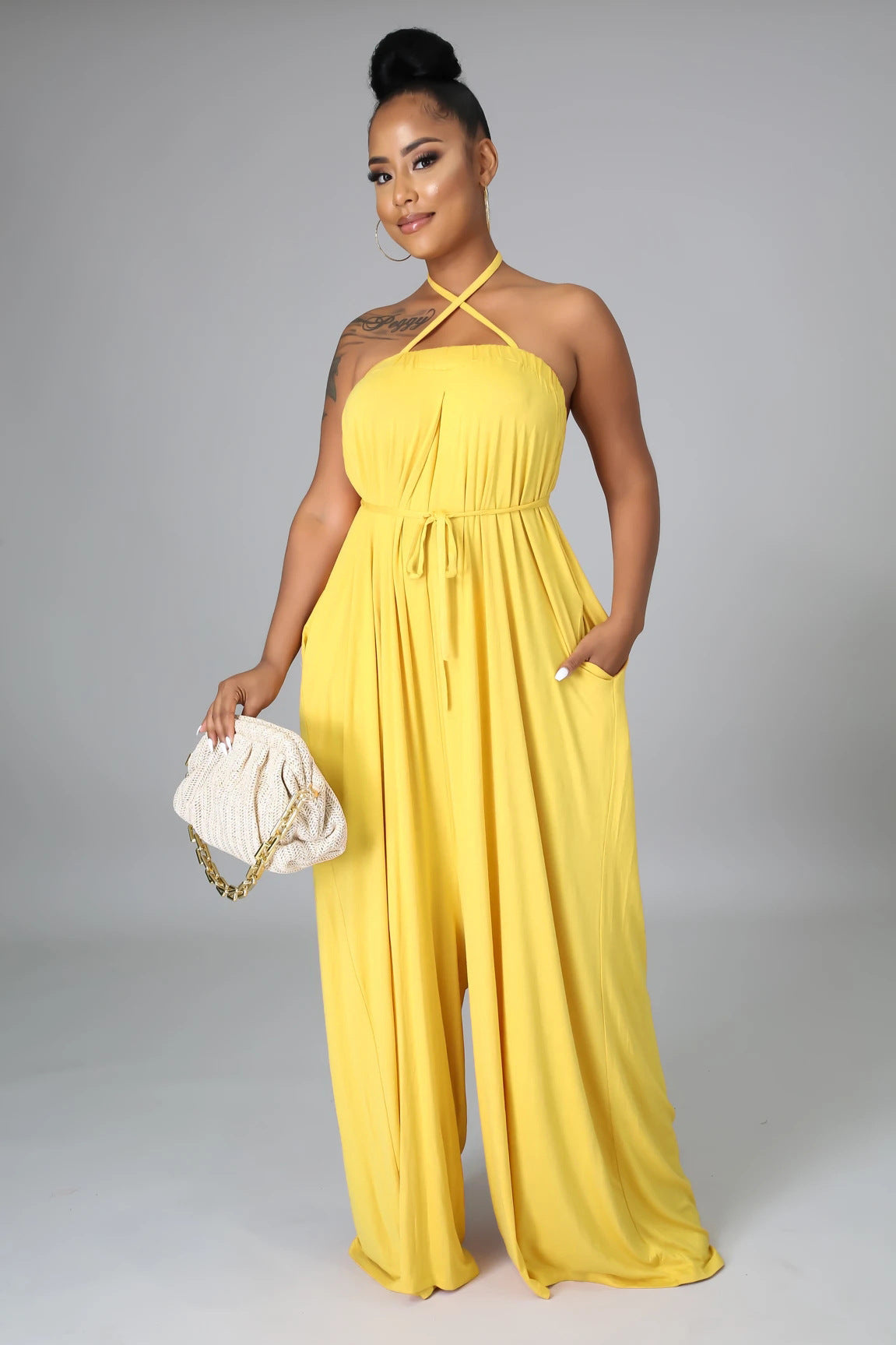 Solid Color Summer Sleeveless Waist Wrapped Chest Loose Wide Leg Women Jumpsuit