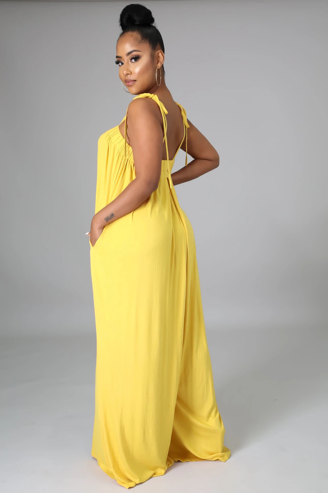 Solid Color Summer Sleeveless Waist Wrapped Chest Loose Wide Leg Women Jumpsuit