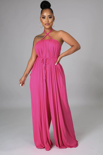 Solid Color Summer Sleeveless Waist Wrapped Chest Loose Wide Leg Women Jumpsuit