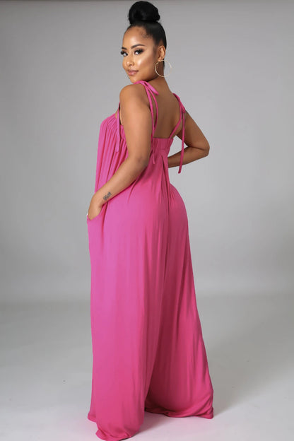 Solid Color Summer Sleeveless Waist Wrapped Chest Loose Wide Leg Women Jumpsuit