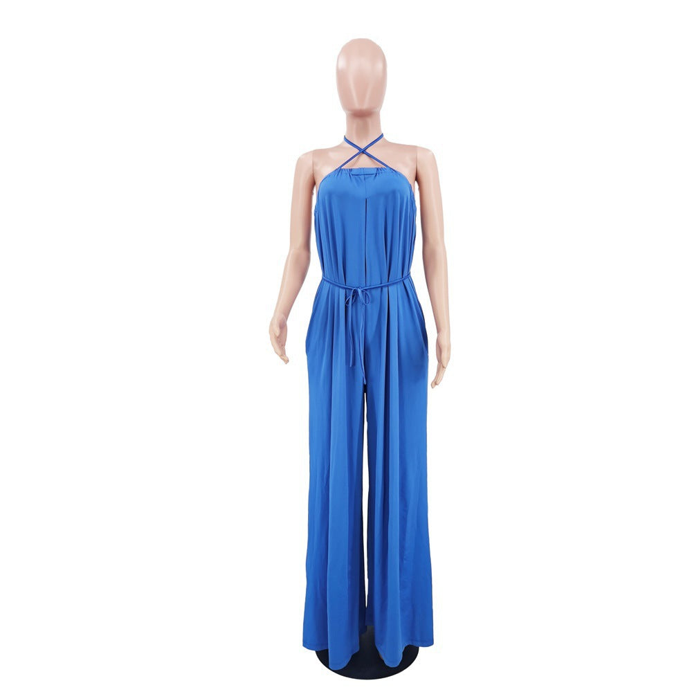 Solid Color Summer Sleeveless Waist Wrapped Chest Loose Wide Leg Women Jumpsuit