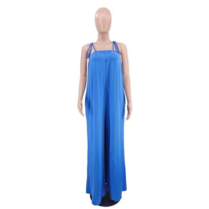 Solid Color Summer Sleeveless Waist Wrapped Chest Loose Wide Leg Women Jumpsuit