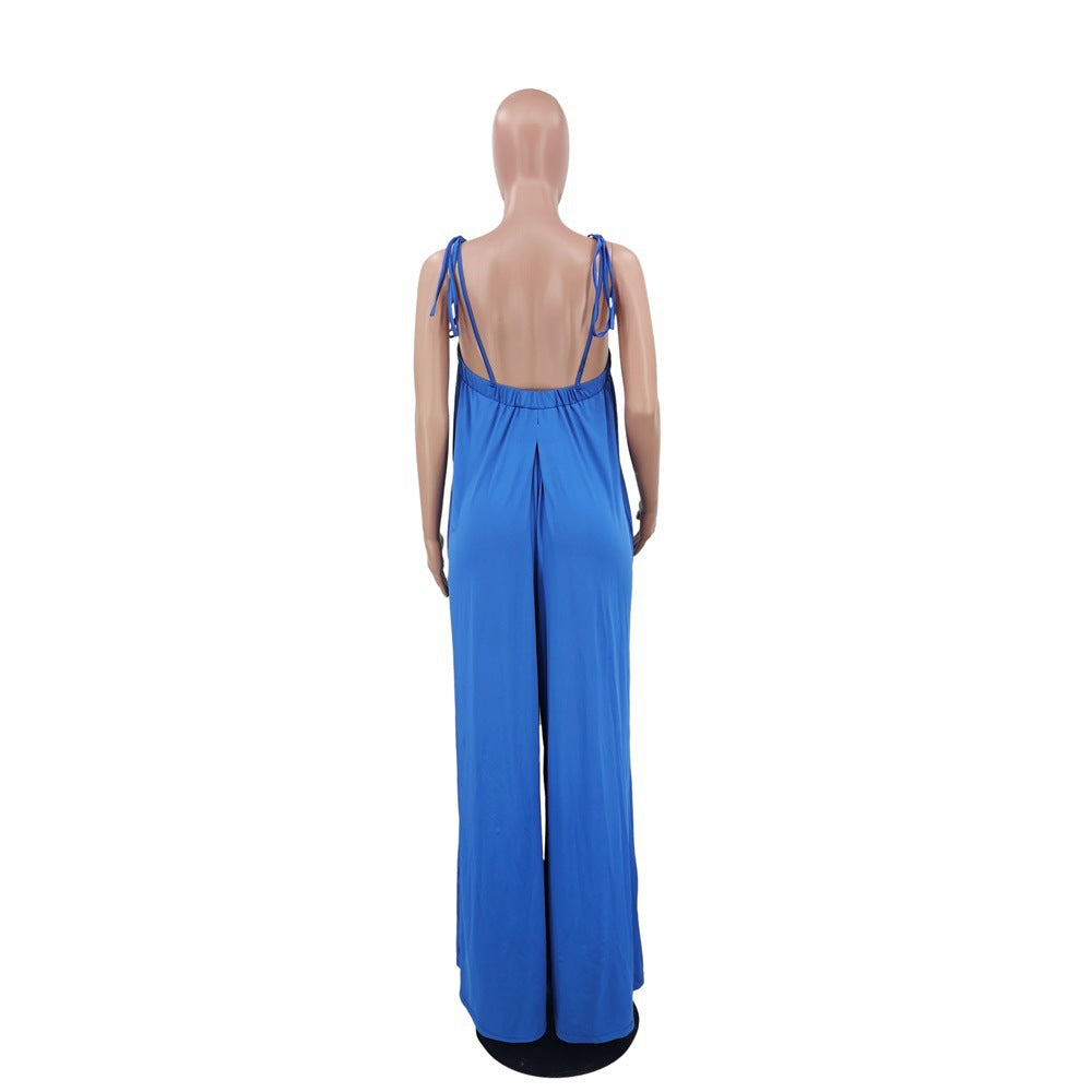 Solid Color Summer Sleeveless Waist Wrapped Chest Loose Wide Leg Women Jumpsuit