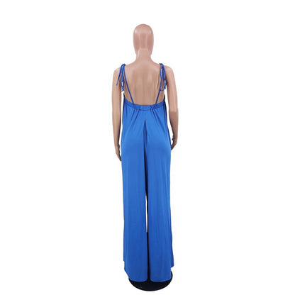 Solid Color Summer Sleeveless Waist Wrapped Chest Loose Wide Leg Women Jumpsuit