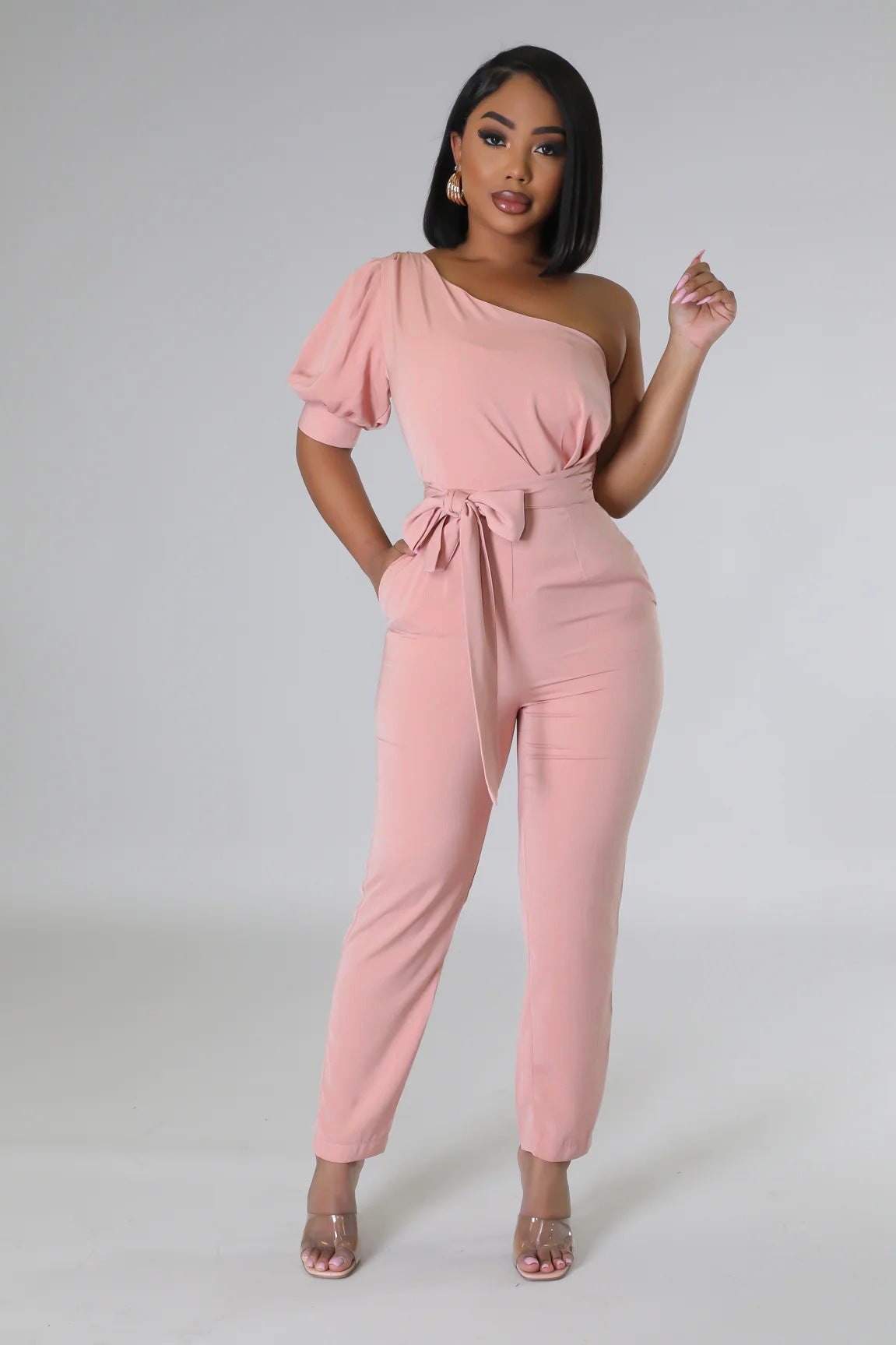 One Shoulder High Waist Backless Slim Tapered Trousers Women Jumpsuit