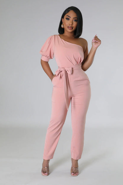 One Shoulder High Waist Backless Slim Tapered Trousers Women Jumpsuit