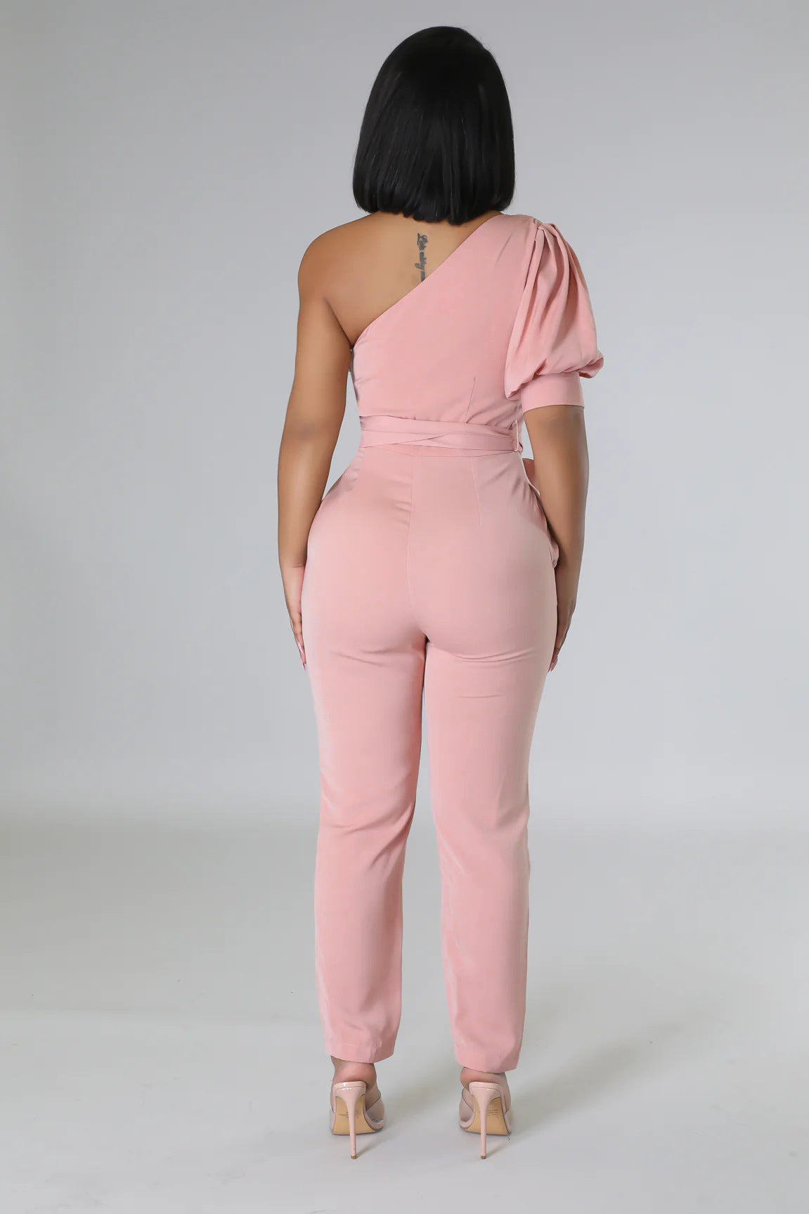 One Shoulder High Waist Backless Slim Tapered Trousers Women Jumpsuit