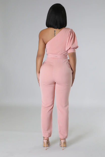 One Shoulder High Waist Backless Slim Tapered Trousers Women Jumpsuit