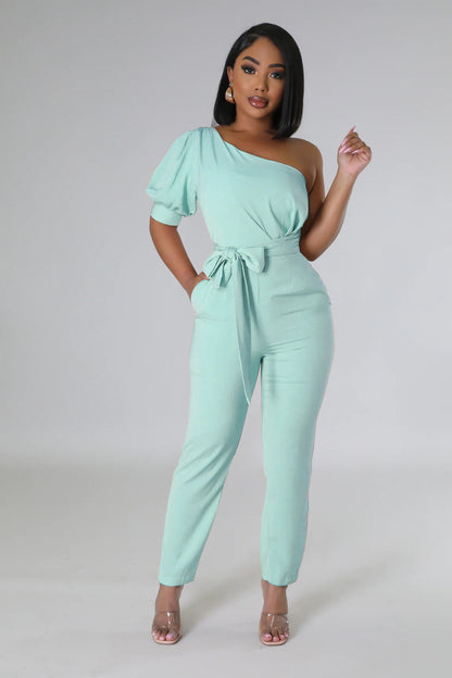 One Shoulder High Waist Backless Slim Tapered Trousers Women Jumpsuit