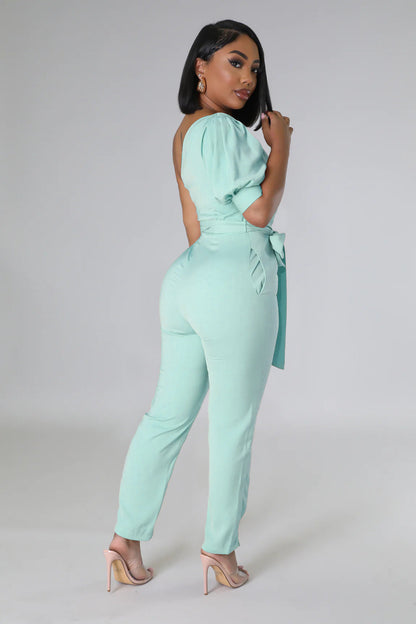 One Shoulder High Waist Backless Slim Tapered Trousers Women Jumpsuit