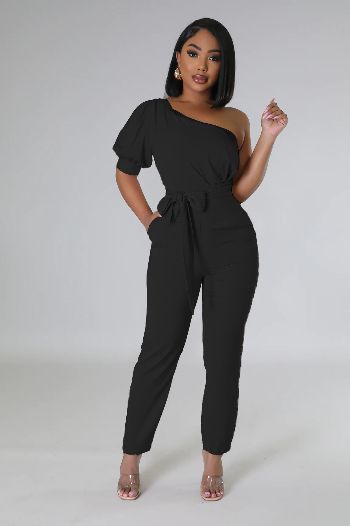 One Shoulder High Waist Backless Slim Tapered Trousers Women Jumpsuit
