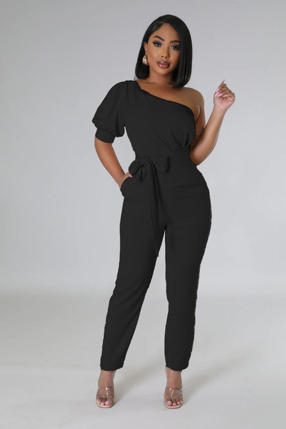 One Shoulder High Waist Backless Slim Tapered Trousers Women Jumpsuit