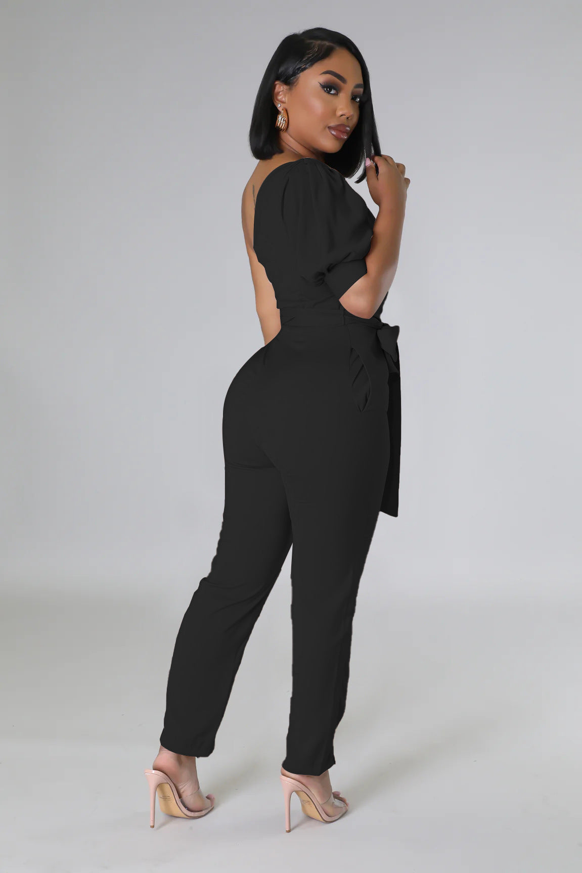 One Shoulder High Waist Backless Slim Tapered Trousers Women Jumpsuit