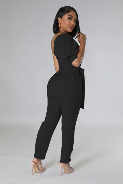 One Shoulder High Waist Backless Slim Tapered Trousers Women Jumpsuit