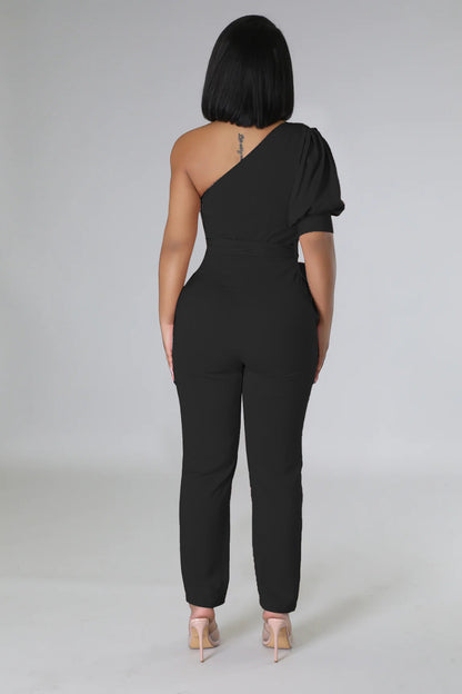 One Shoulder High Waist Backless Slim Tapered Trousers Women Jumpsuit