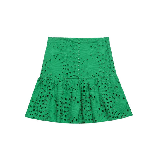 Women Clothing Embroidered Laminated Decoration Green Skirt