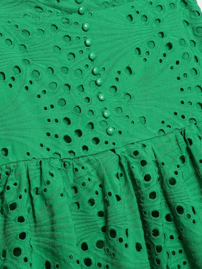Women Clothing Embroidered Laminated Decoration Green Skirt