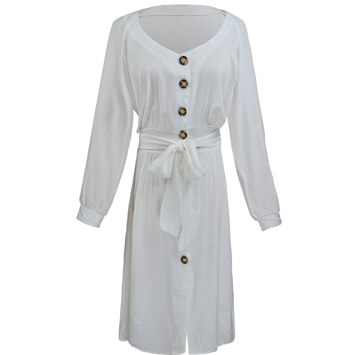 Women Dress Long Sleeve V-neck Buttons Lace-up Solid Color Sexy Loose plus Size Dress