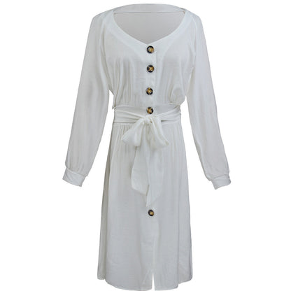 Women Dress Long Sleeve V-neck Buttons Lace-up Solid Color Sexy Loose plus Size Dress