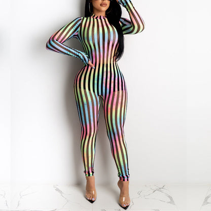 Striped Casual Pants South Africa Sexy Rainbow Mesh Stitching Stretch Jumpsuit Leggings