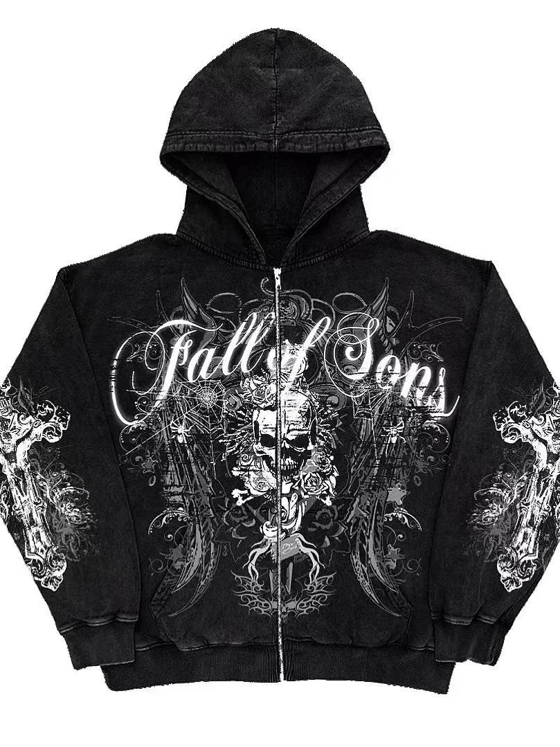 Punk Distressed Skull Eye Print Hoodie