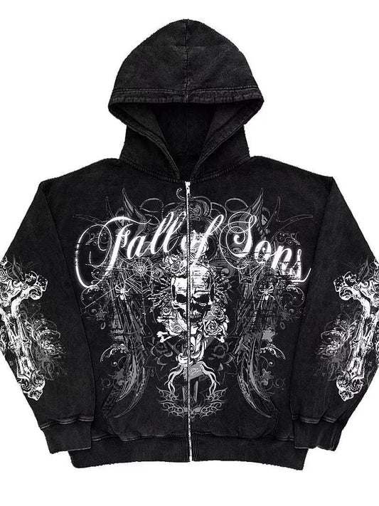 Punk Distressed Skull Eye Print Hoodie