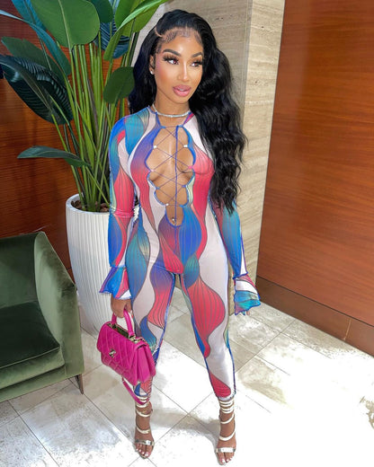 Sexy Slim Hollow Out Cutout Printed Lace up Ruffle Sleeve Jumpsuit Crisscross