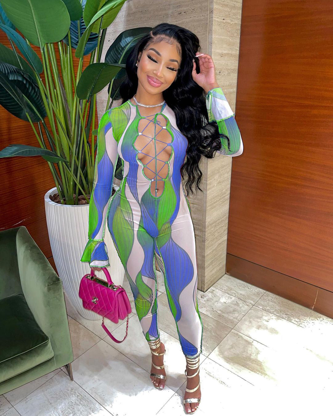 Sexy Slim Hollow Out Cutout Printed Lace up Ruffle Sleeve Jumpsuit Crisscross