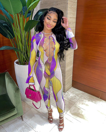 Sexy Slim Hollow Out Cutout Printed Lace up Ruffle Sleeve Jumpsuit Crisscross