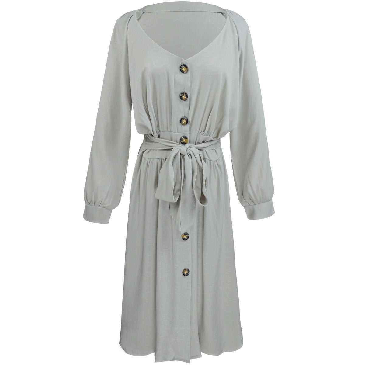 Women Dress Long Sleeve V-neck Buttons Lace-up Solid Color Sexy Loose plus Size Dress