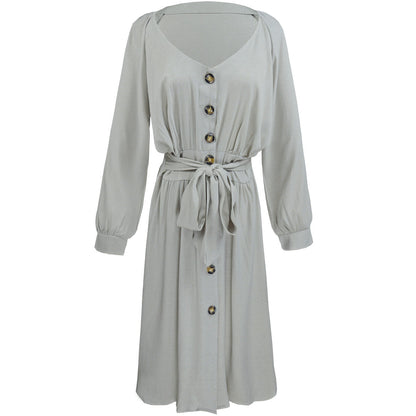 Women Dress Long Sleeve V-neck Buttons Lace-up Solid Color Sexy Loose plus Size Dress