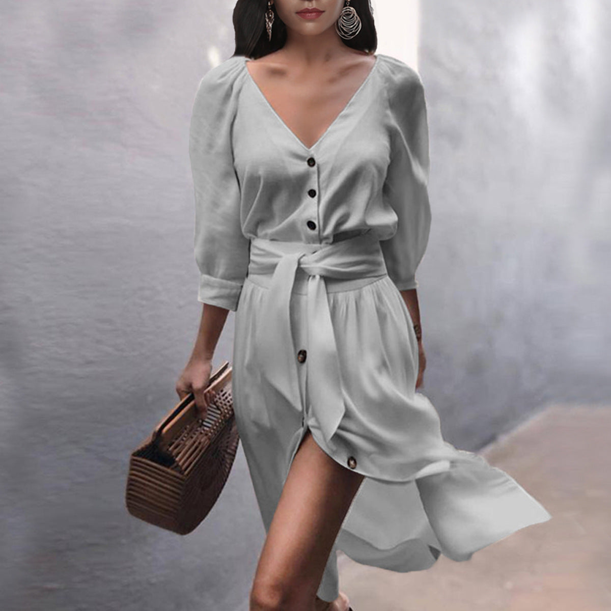 Women Dress Long Sleeve V-neck Buttons Lace-up Solid Color Sexy Loose plus Size Dress