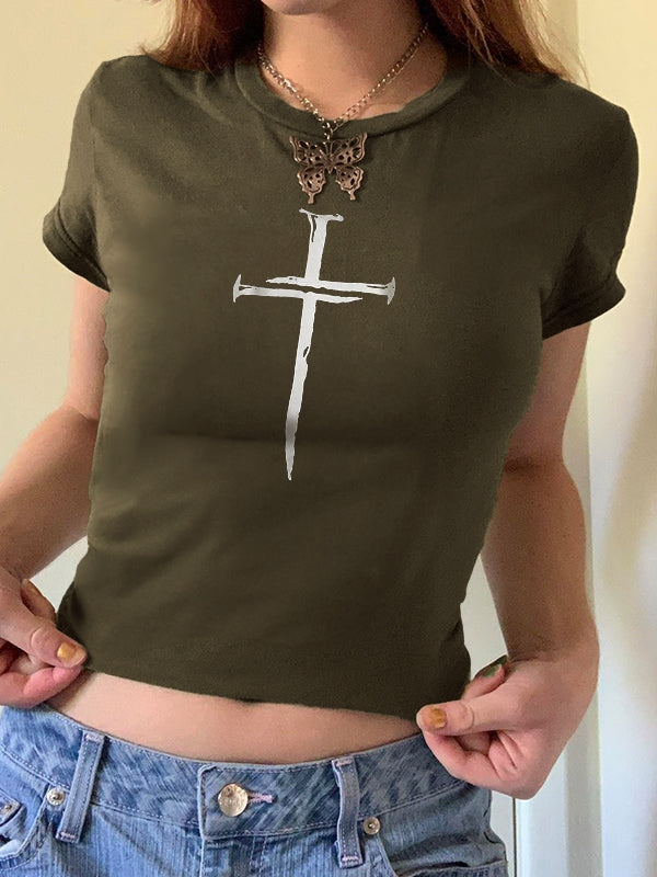 Cross Print Slim Short Sleeve Tee