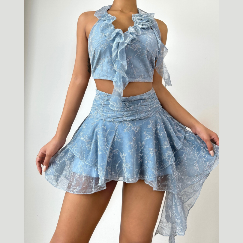 Halter flower applique ruffle irregular mini skirt set  | Festival Outfits Women